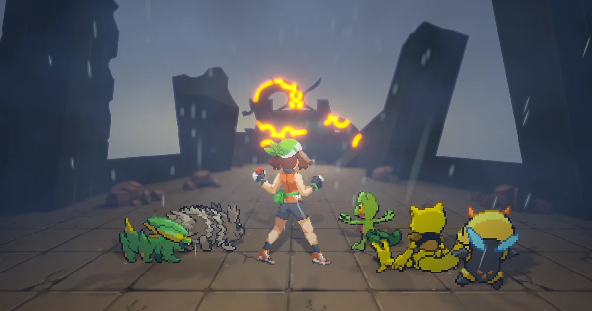 Gamma Emerald trainer and Pokémon facing a storm